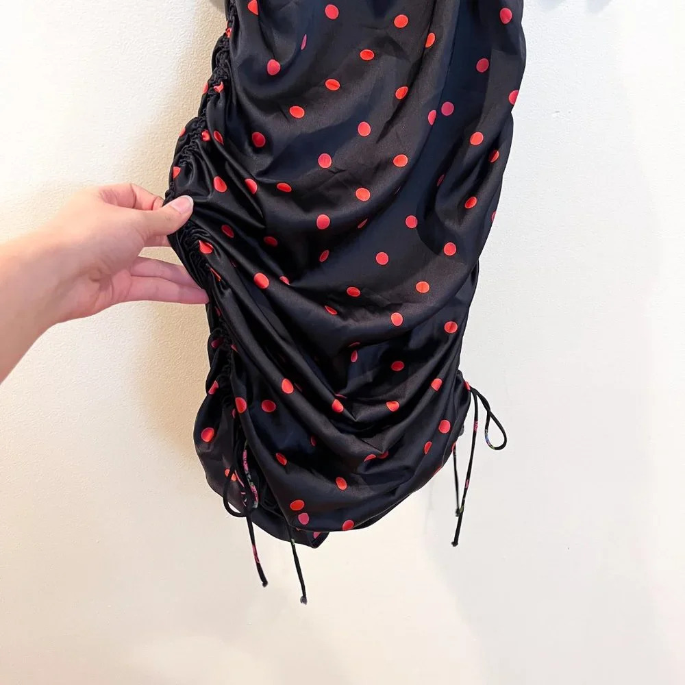 For Love & Lemons Black Satin Floral Bow Polka Dot Cutout Bodycon Midi Dress S - Picture 3 of 12